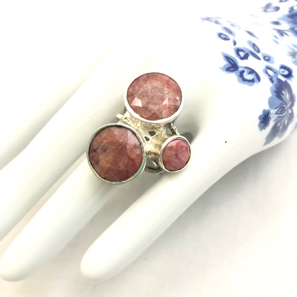 925 Silver Rhodochrosite Ring Natural Pink Round Gemstone Triple Band Sz 7 - Picture 14 of 15